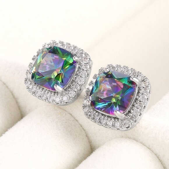 Square Colorful Micro Pave Zircon Stud Earrings for Women, EVGG1032 - Picture 2 of 10